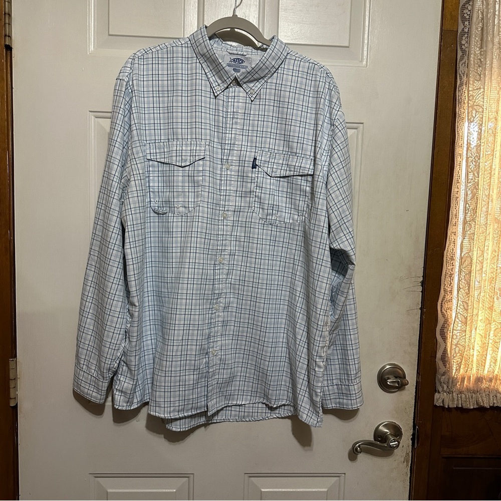 AFTCO Aftech Men’s XL Vented Fishing Shirt Button Down Pockets Blue Plaid L/S